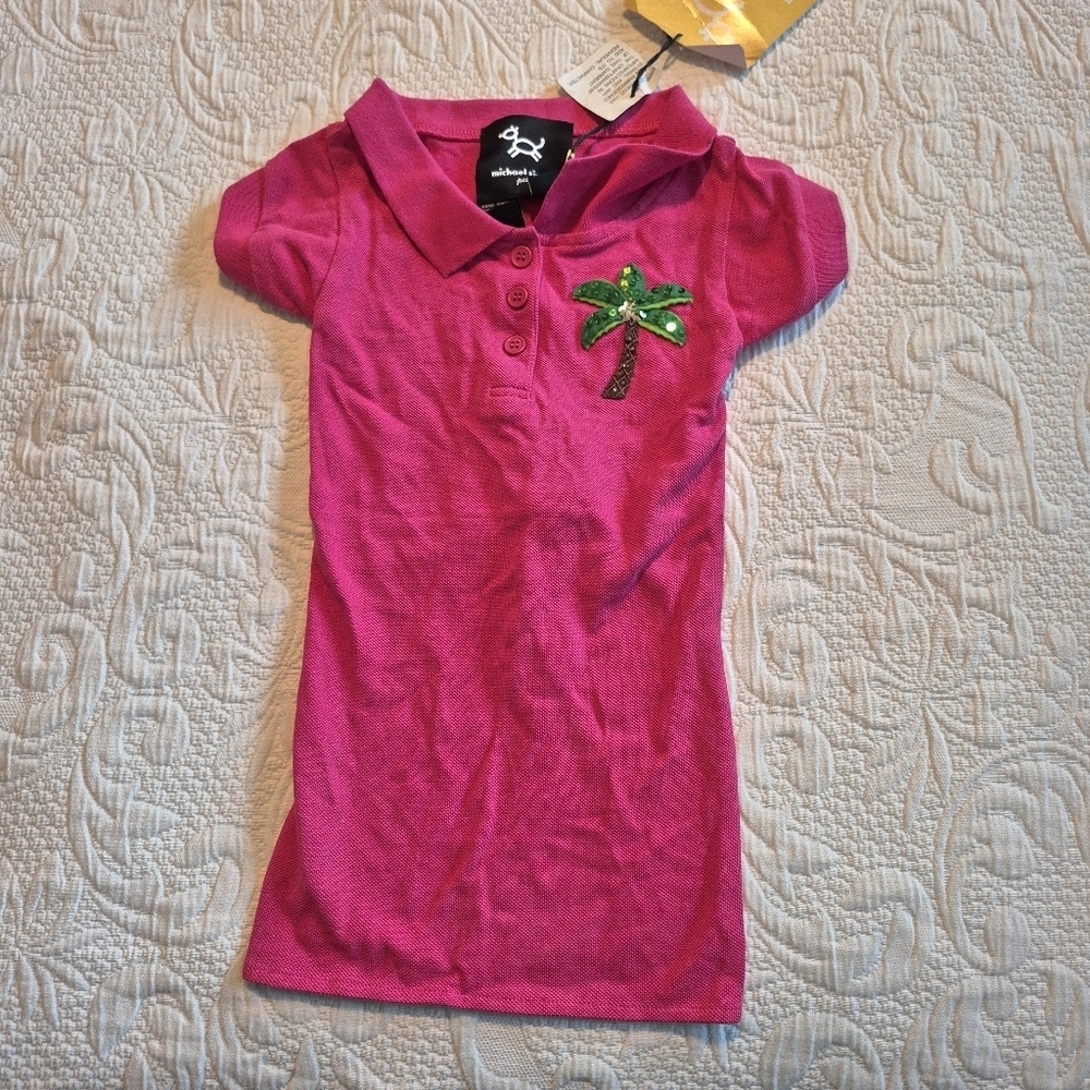 Michael Simon pet Large pink polo shirt with palm tree applique 2003 design